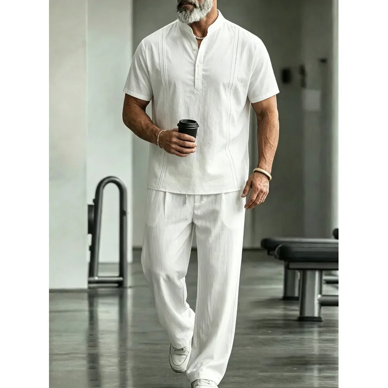 Mens Linen Shirt Long Sleeve - طقم رجالي كاجوال من الكتان مكون