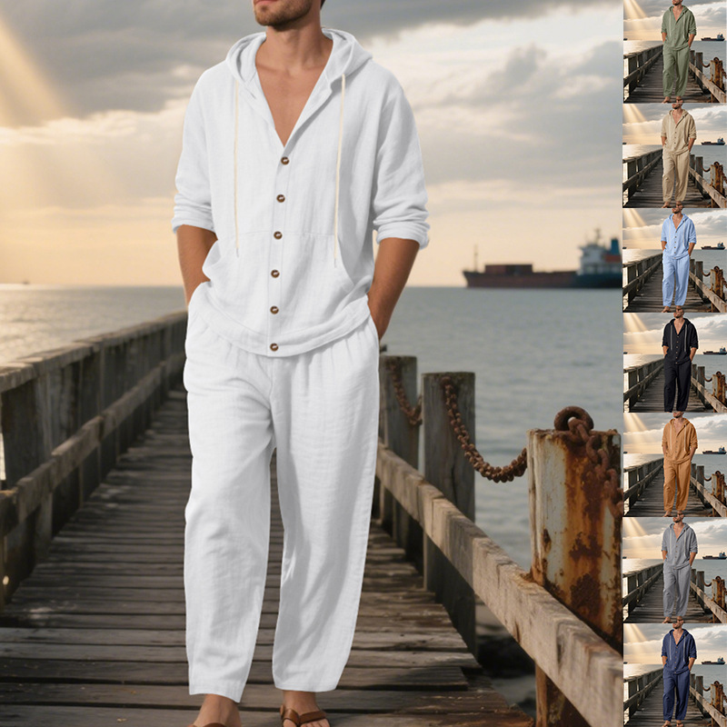 Mens Linen Shirt Long Sleeve - طقم صيفي رجالي أمريكي فضفاض من