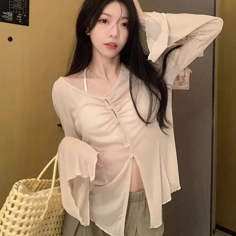 بلوزة بأكمام شفافة - قميص مطوي - مراجعة Shirts وسعره